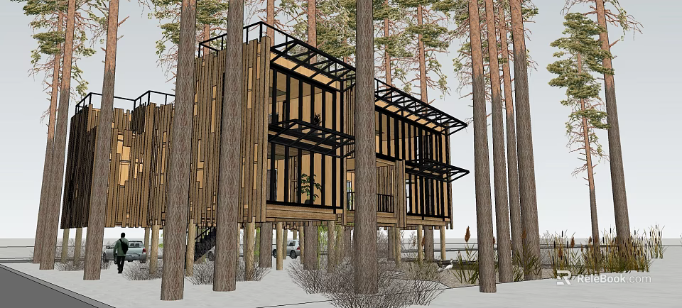 Modern Wooden House In Forest With Glass Windows Black Metal Frames And Snowy Surroundings 3d model 