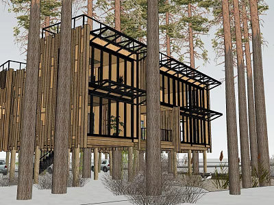 Modern Wooden House In Forest With Glass Windows Black Metal Frames And Snowy Surroundings 3d model