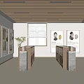 Cultural Exhibition Hall With Wooden Ceiling Framed Paintings Display Counters Potted Plant And Window