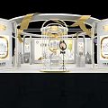Elegant Modern Exhibition Hall with Golden Decorations and Glass Display Showcases