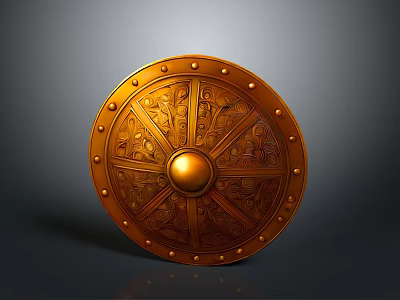 Golden Decorative Shield With Intricate Carvings Metal Rivets And Central Boss 3d model