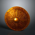 Golden Decorative Shield With Intricate Carvings Metal Rivets And Central Boss
