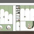 Children's Green And White Wardrobe With Cloud Shaped Doors Storage Compartments And Toys