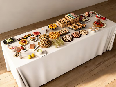 Assorted Foods Display On Long Table With White Tablecloth Including Fruits Desserts Sushi And Bread 3d model