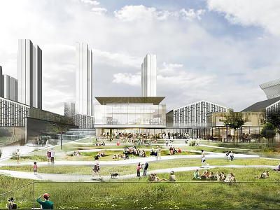 Vibrant Urban Public Plaza With Modern Tall Buildings Green Lawn And People Enjoying Outdoor Activities 3d model