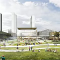 Vibrant Urban Public Plaza With Modern Tall Buildings Green Lawn And People Enjoying Outdoor Activities
