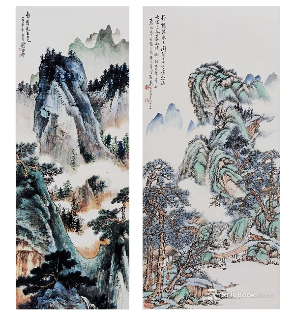 Chinese Traditional Landscape Painting With Majestic Mountains Pine Trees And Misty Clouds 3d model 