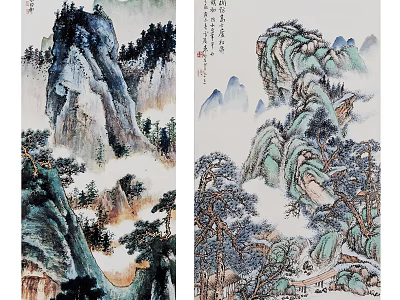Chinese Traditional Landscape Painting With Majestic Mountains Pine Trees And Misty Clouds 3d model