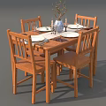 Wooden Dining Table Set With Four Chairs Tableware Vase And Decorations 3d model