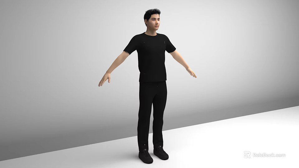 Man in Black T-shirt and Pants with Arms Naturally Outstretched on Gray White Background 3d model 