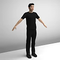 Man in Black T-shirt and Pants with Arms Naturally Outstretched on Gray White Background