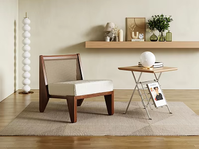 Cozy Leisure Chair With Wooden Frame Woven Back Linen Cushion And Side Table On Carpet 3d model