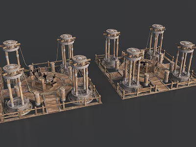 Cartoon Scene with Ancient Mechanical Structures Stone Pillars and Wooden Platforms 3d model