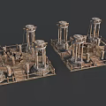 Cartoon Scene with Ancient Mechanical Structures Stone Pillars and Wooden Platforms