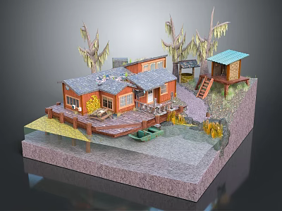 Orange House With Gray Roof Wooden Deck And Patio Adjacent Gazebo Surrounding Trees Water Feature 3d model