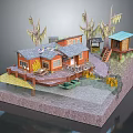 Orange House With Gray Roof Wooden Deck And Patio Adjacent Gazebo Surrounding Trees Water Feature