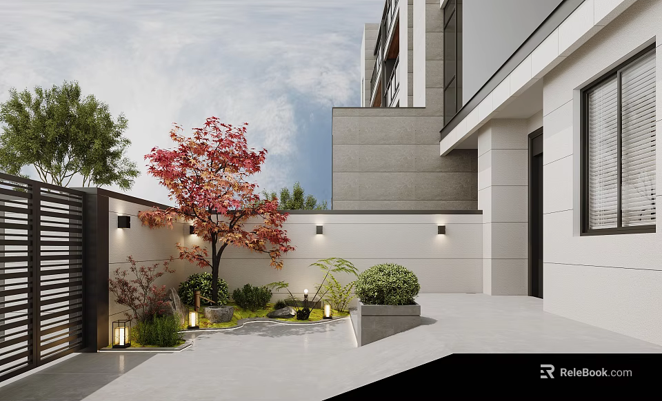 Modern Villa Balcony With Red Tree Greenery Lighting And Stone Floor 3d model