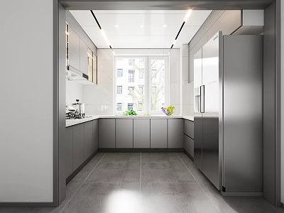Modern Kitchen Interior With Gray Cabinets Stainless Steel Refrigerator Countertop And Window Lighting 3d model