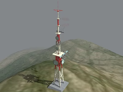 Red and White Communication Tower With Antennas And Signal Equipment In Mountainous Terrain 3d model