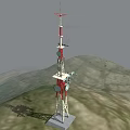 Red and White Communication Tower With Antennas And Signal Equipment In Mountainous Terrain