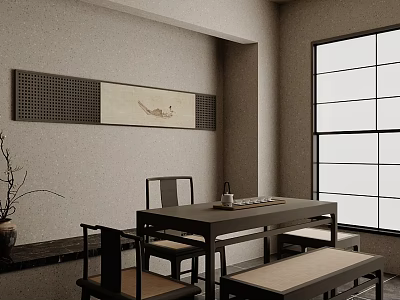 Japanese Style Tea Table and Chairs in Interior with Decorative Painting and Grid Window 3d model