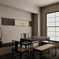Japanese Style Tea Table and Chairs in Interior with Decorative Painting and Grid Window