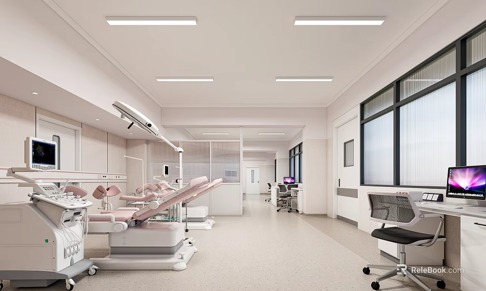 Hospital Outpatient Clinic Interior With Medical Examination Beds And Equipment Bright Lighting And Large Windows 3d model 
