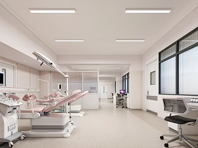 Hospital Outpatient Clinic Interior With Medical Examination Beds And Equipment Bright Lighting And Large Windows 3d model
