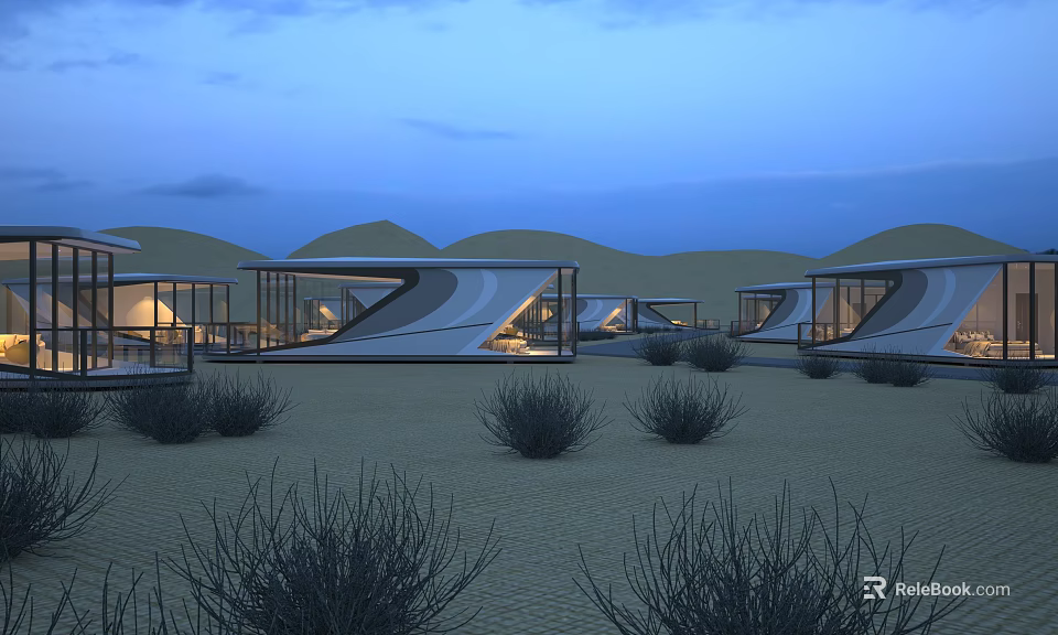 Modern Desert Townhouses With Glass Curtain Walls And Geometric Roofs At Night 3d model 