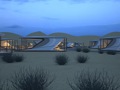 Modern Desert Townhouses With Glass Curtain Walls And Geometric Roofs At Night 3d model