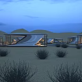 Modern Desert Townhouses With Glass Curtain Walls And Geometric Roofs At Night