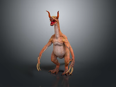 Monster Like Sculpture Carving With Horns Open Mouth Long Neck Claws And Orange Color 3d model