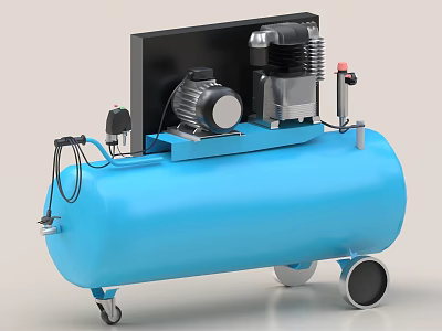 Industrial Portable Blue Air Compressor With Tank Motor And Mobile Wheels 3d model