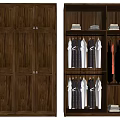 Carved Wooden Wardrobe With Open Interior Hanging Clothes And Folded Shelves