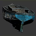 Vintage Old Boat With Blue Green Rusty Hull And Visible Interior Windows