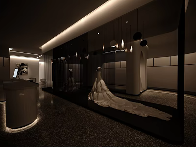 Bridal Shop Interior With Displayed Elegant Wedding Dresses And Modern Decorative Lighting 3d model