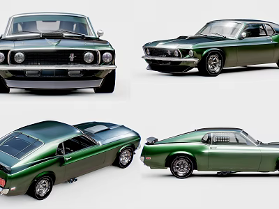 Four Classic Green Vintage Cars Displayed From Various Angles 3d model