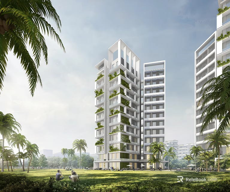 Modern High Rise Residential Building with Green Plants Palm Trees and Lawn 3d model 