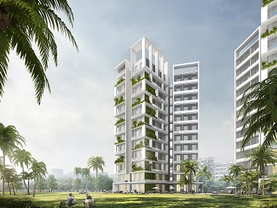 Modern High Rise Residential Building with Green Plants Palm Trees and Lawn 3d model