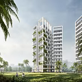Modern High Rise Residential Building with Green Plants Palm Trees and Lawn