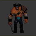 Red Skinned Game Movie Character With Horned Helmet Armored Shoulders And Weapon