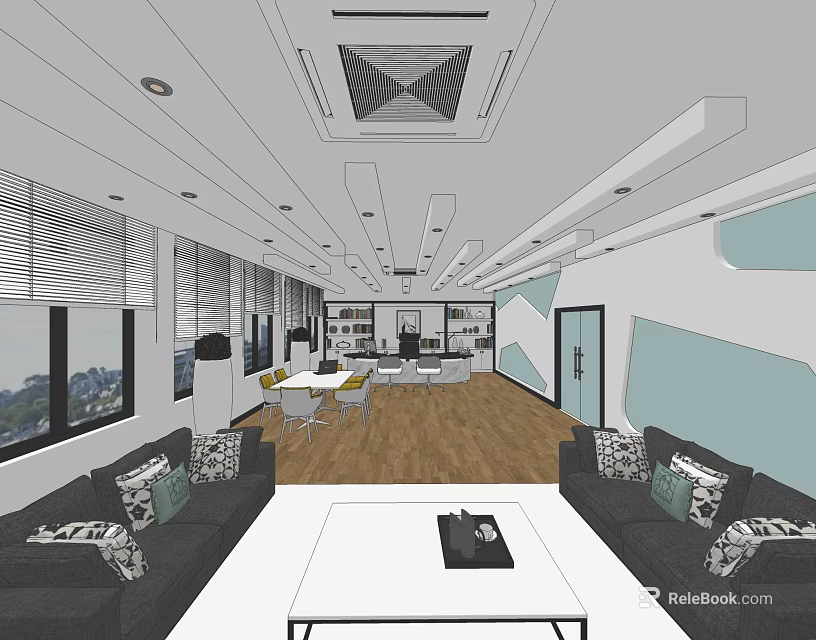Modern Office Interior With Sofa Set Coffee Table Large Windows And Wooden Flooring 3d model 