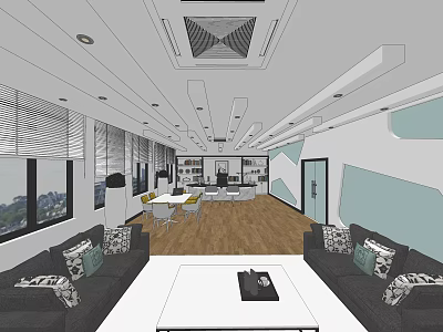 Modern Office Interior With Sofa Set Coffee Table Large Windows And Wooden Flooring 3d model