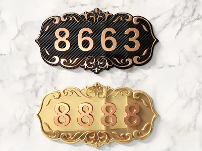Decorative House Numbers Plaques With Gold And Black Finish And Ornate Design On Marble 3d model