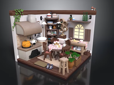 Cozy Miniature Kitchen Dining Scene With Window Wooden Table Chairs Pumpkin Plants And Shelves 3d model