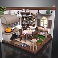 Cozy Miniature Kitchen Dining Scene With Window Wooden Table Chairs Pumpkin Plants And Shelves