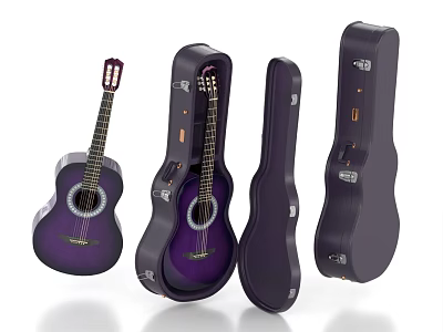 Purple Acoustic Guitar With Open And Closed Protective Guitar Cases 3d model