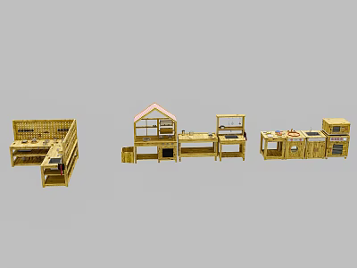 Kindergarten Wooden Play Furniture Featuring Playhouse Shaped Stations And Activity Tables 3d model