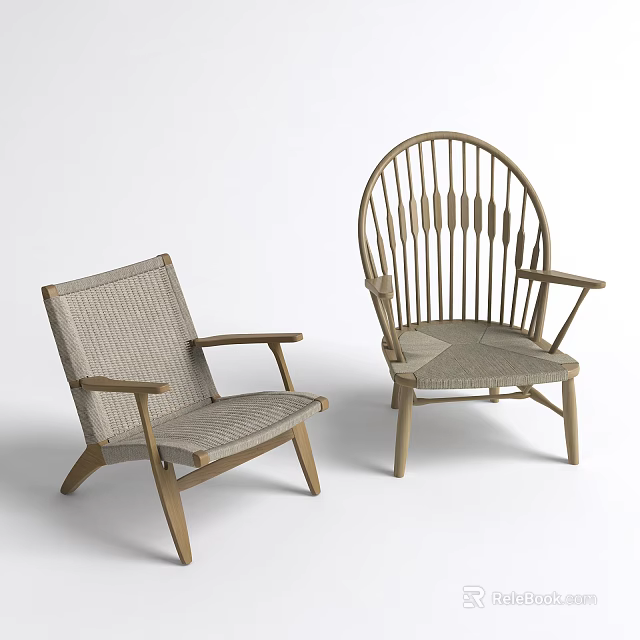 Two Modern Leisure Chairs With Wooden Frame And Woven Seat Backrest Design 3d model 