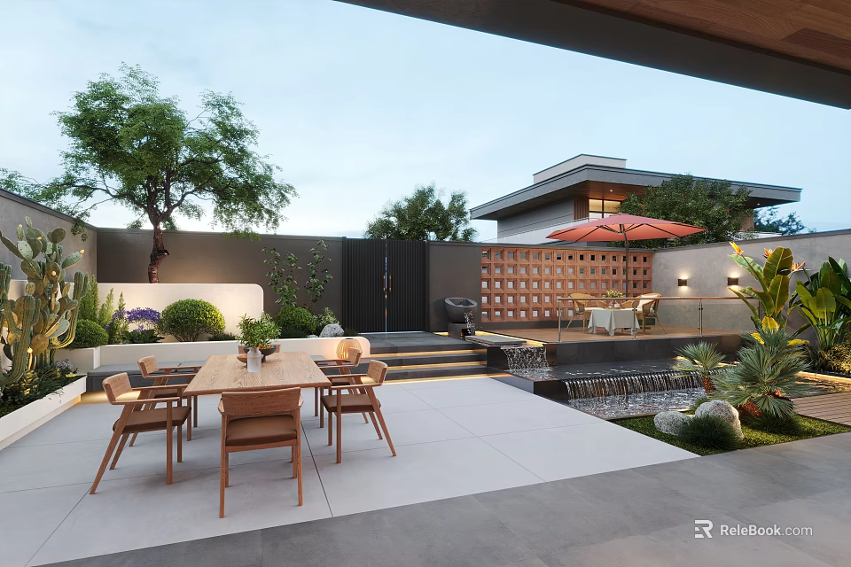 Stylish Courtyard Garden Landscape With Outdoor Dining Table Lush Plants And Trickling Water Feature 3d model 